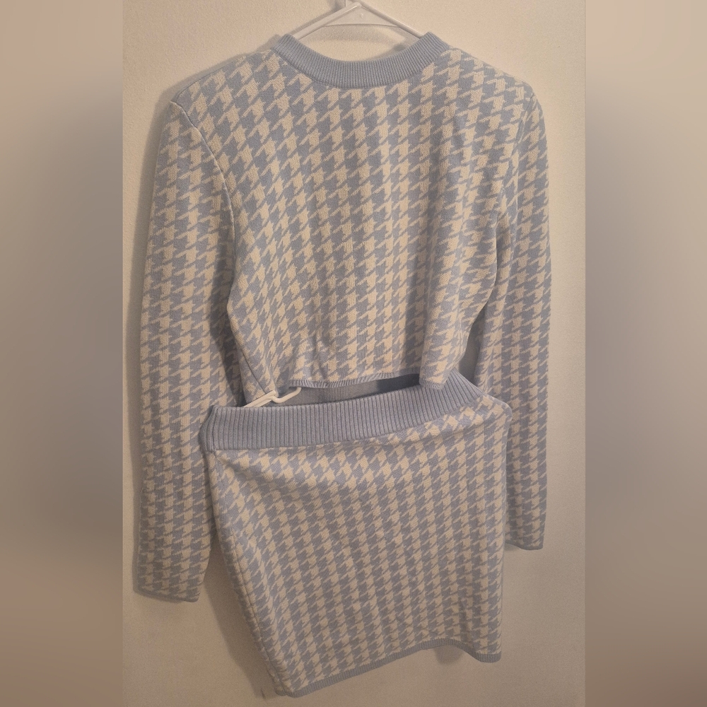 Express Light Blue and White Houndstooth Sweater and Skirt